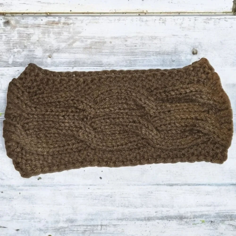 Handmade Women Brown Crochet Knit Ribbed Winter Headband | Ear Warmer Muff Cover